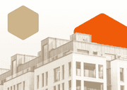 Beige building with colorful hexagons in the background